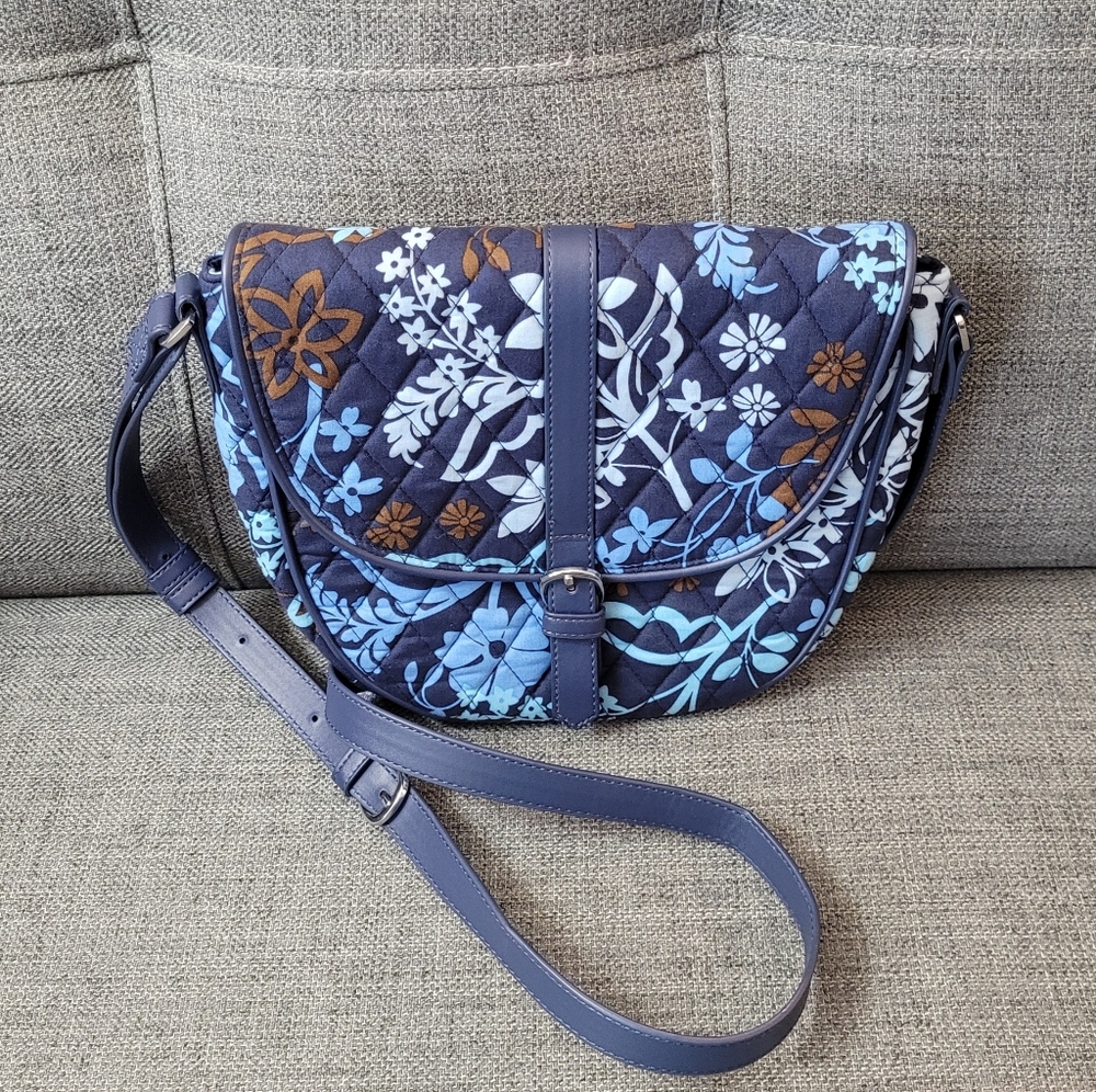 Vera Bradley Floral Blue and Brown Quilted Women's Saddle Crossbody Bag
